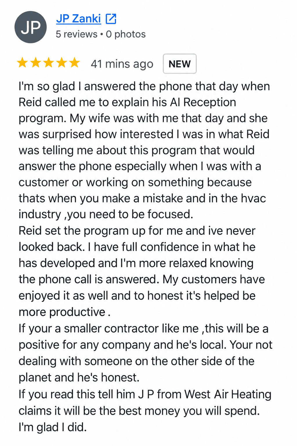 Five-star review from JP Zanki of West Air Heating for Atlas Digital Reception